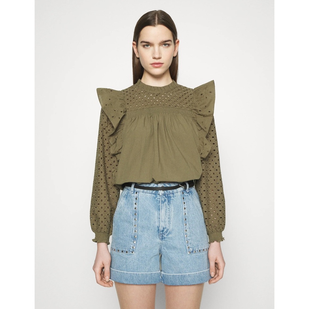 Maje Linode Eyelet Ruffle Blouse Green Long Sleeve Top Sz 1 FR / 4 US - Picture 2 of 11